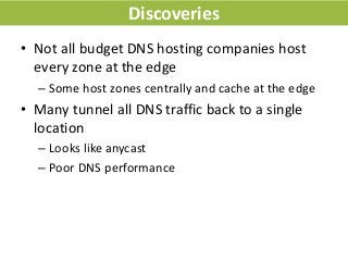 Discoveries
• Not all budget DNS hosting companies host
every zone at the edge
– Some host zones centrally and cache at th...