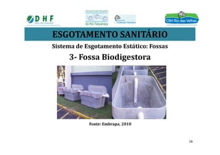 ESGOTAMENTO SANITÁRIO
Sistema de Esgotamento Estático: Fossas
3- Fossa Biodigestora
Fonte: Embrapa, 2010
16
 
