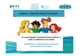 Dinâmica – Diagnóstico Rápido Participativo
A sua participação é fundamental para melhorar a
saúde e o ambiente de sua cidade.
Contribua com a elaboração dos Projetos de
Saneamento em sua região.
38
 