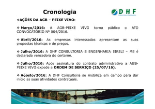 CronologiaCronologia
AÇÕES DA AGB – PEIXE VIVO:
 Março/2016: A AGB-PEIXE VIVO torna público o ATO
CONVOCATÓRIO Nº 004/2016.
 Abril/2016: As empresas interessadas apresentam as suas
propostas técnicas e de preços.
 Julho/2016: A DHF CONSULTORIA E ENGENHARIA EIRELI – ME é
declarada vencedora do certame.declarada vencedora do certame.
 Julho/2016: Após assinatura do contrato administrativo a AGB-
PEIXE VIVO expede a ORDEM DE SERVIÇO (25/07/16).
 Agosto/2016: A DHF Consultoria se mobiliza em campo para dar
início as suas atividades contratuais.
4
 