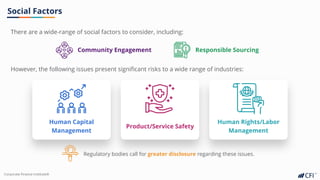 Corporate Finance InstituteⓇ
There are a wide-range of social factors to consider, including:
Social Factors
Community Engagement Responsible Sourcing
However, the following issues present significant risks to a wide range of industries:
Human Capital
Management
Product/Service Safety
Human Rights/Labor
Management
Regulatory bodies call for greater disclosure regarding these issues.
 