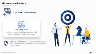 Corporate Finance InstituteⓇ
Governance Factors
Executive Compensation
ESG Integration
Process of systematically integrating ESG
issues into daily business operations.
Without ESG as a part of company governance. it
isn’t possible to fully assess the risk exposure to
these issues.
 
