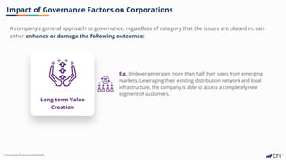 Corporate Finance InstituteⓇ
A company’s general approach to governance, regardless of category that the issues are placed in, can
either enhance or damage the following outcomes:
Impact of Governance Factors on Corporations
Long-term Value
Creation
E.g. Unilever generates more than half their sales from emerging
markets. Leveraging their existing distribution network and local
infrastructure, the company is able to access a completely new
segment of customers.
 