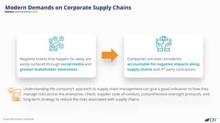 Corporate Finance InstituteⓇ
Modern Demands on Corporate Supply Chains
Negative events that happen far away are
easily surfaced through social media and
greater stakeholder awareness.
Companies are now considered
accountable for negative impacts along
supply chains and 3rd party contractors.
Understanding the company’s approach to supply chain management can give a good indication to how they
manage risks across the enterprise. Check: supplier code of conduct, comprehensive oversight protocols, and
long-term strategy to reduce the risks associated with supply chains.
 
