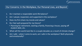 Our Concerns: In the Workplace, Our Personal Lives, and Beyond
1. Do I maintain a respectable work-life balance?
2. Am I valued, respected, and supported in the workplace?
3. Does my firm share my morals and values?
4. Do I feel well-prepared for my future?
• Planning for retirement, starting a family, financing a house, paying off
student debt, etc.
5. What will the world look like in a couple decades as a result of climate change?
6. Am I safe – when I come to work, am I safe in the workplace? Both physically
and emotionally?
 
