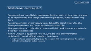 Deloitte Survey - Summary pt. 2
• Young people are more likely to make career decisions based on their values and want
to be empowered to drive change within their organizations, especially in the long-
term
• Younger generations are increasingly worried about the cost of living, while also
fearing unemployment and the potential climate catastrophe
• New generations are comfortable in remote and hybrid work scenarios and value the
benefits of these scenarios
• Climate Change is a big concern for Gen Zs, but the costs of environmental
sustainability makes it difficult to address those issues:
• Employers have a responsibility to provide the necessary skills training to prepare the workforce
for the transition to a low-carbon economy
 