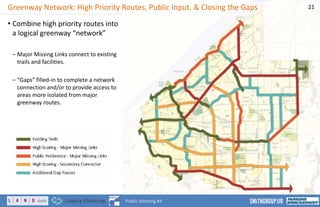 Greenway Network: High Priority Routes, Public Input, & Closing the Gaps
• Combine high priority routes into
a logical greenway “network”
– Major Missing Links connect to existing
trails and facilities.
– “Gaps” filled-in to complete a network
connection and/or to provide access to
areas more isolated from major
greenway routes.
21
Public Meeting #4
 