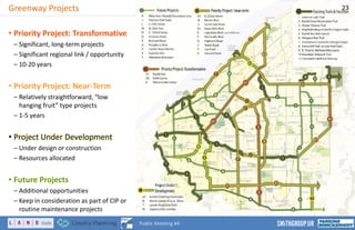 Greenway Projects
• Priority Project: Transformative
– Significant, long-term projects
– Significant regional link / opportunity
– 10-20 years
• Priority Project: Near-Term
– Relatively straightforward, “low
hanging fruit” type projects
– 1-5 years
•• Project Under Development
– Under design or construction
– Resources allocated
• Future Projects
– Additional opportunities
– Keep in consideration as part of CIP or
routine maintenance projects
23
Public Meeting #4
 
