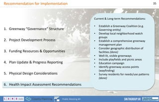 Current & Long-term Recommendations:
• Establish a Greenway Coalition (e.g.
Governing entity)
• Develop local neighborhood watch
groups
• Establish a comprehensive greenway
management plan
• Consider geographic distribution of
facilities (done)
• Well-lit, visible greenways
• Include playfields and picnic areas
• Education campaign
• Identify greenway access points
(wayfinding)
• Survey residents for needs/use patterns
(done)
Recommendation for Implementation 35
Public Meeting #4
1. Greenway “Governance” Structure
2. Project Development Process
3. Funding Resources & Opportunities
4. Plan Update & Progress Reporting
5. Physical Design Considerations
6. Health Impact Assessment Recommendations
 