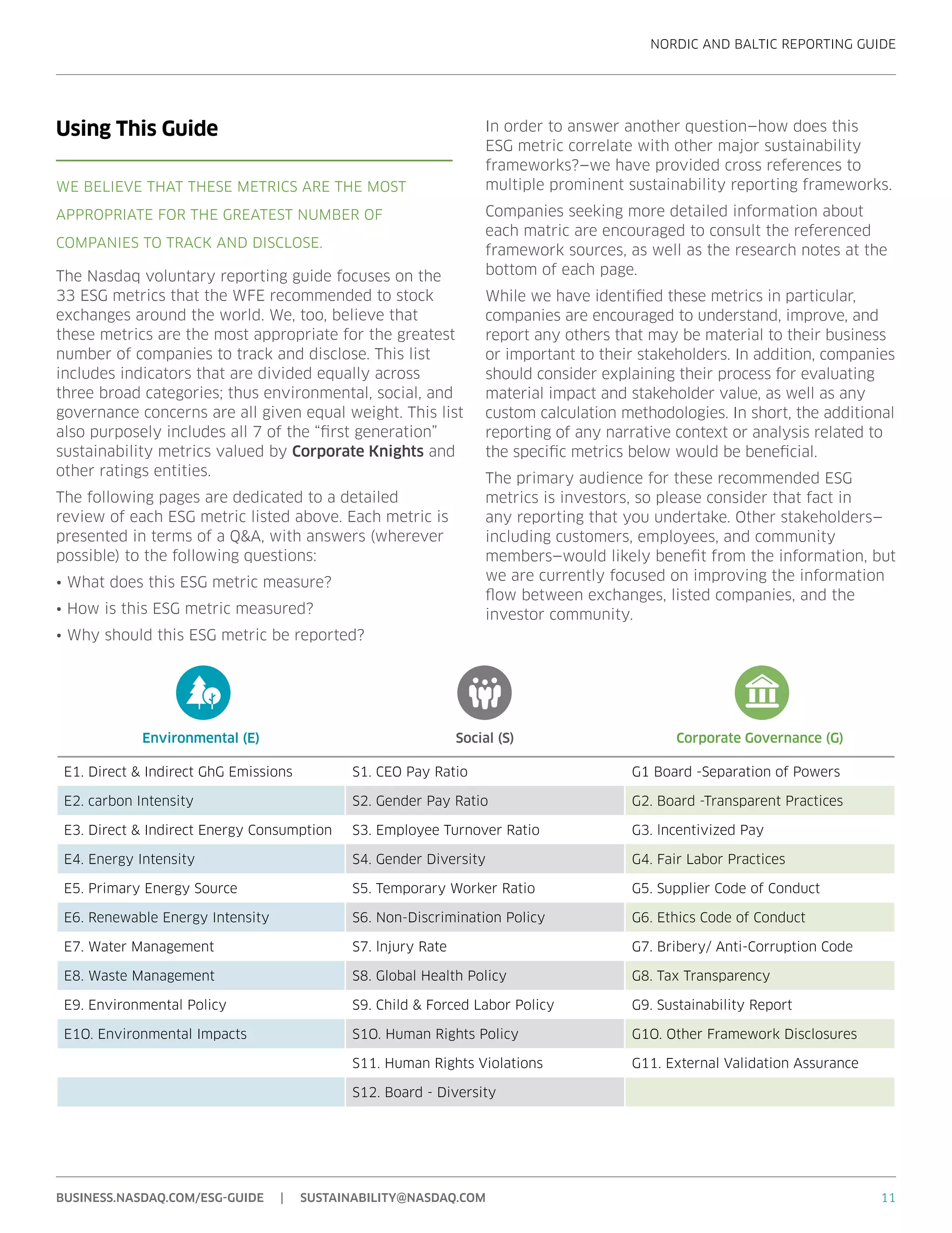 NORDIC AND BALTIC REPORTING GUIDE
11BUSINESS.NASDAQ.COM/ESG-GUIDE | SUSTAINABILITY@NASDAQ.COM
Using This Guide
The Nasdaq voluntary reporting guide focuses on the
33 ESG metrics that the WFE recommended to stock
exchanges around the world. We, too, believe that
these metrics are the most appropriate for the greatest
number of companies to track and disclose. This list
includes indicators that are divided equally across
three broad categories; thus environmental, social, and
governance concerns are all given equal weight. This list
also purposely includes all 7 of the “first generation”
sustainability metrics valued by Corporate Knights and
other ratings entities.
The following pages are dedicated to a detailed
review of each ESG metric listed above. Each metric is
presented in terms of a Q&A, with answers (wherever
possible) to the following questions:
•	What does this ESG metric measure?
•	How is this ESG metric measured?
•	Why should this ESG metric be reported?
In order to answer another question—how does this
ESG metric correlate with other major sustainability
frameworks?—we have provided cross references to
multiple prominent sustainability reporting frameworks.
Companies seeking more detailed information about
each matric are encouraged to consult the referenced
framework sources, as well as the research notes at the
bottom of each page.
While we have identified these metrics in particular,
companies are encouraged to understand, improve, and
report any others that may be material to their business
or important to their stakeholders. In addition, companies
should consider explaining their process for evaluating
material impact and stakeholder value, as well as any
custom calculation methodologies. In short, the additional
reporting of any narrative context or analysis related to
the specific metrics below would be beneficial.
The primary audience for these recommended ESG
metrics is investors, so please consider that fact in
any reporting that you undertake. Other stakeholders—
including customers, employees, and community
members—would likely benefit from the information, but
we are currently focused on improving the information
flow between exchanges, listed companies, and the
investor community.
WE BELIEVE THAT THESE METRICS ARE THE MOST
APPROPRIATE FOR THE GREATEST NUMBER OF
COMPANIES TO TRACK AND DISCLOSE.
Environmental (E) Social (S) Corporate Governance (G)
E1. Direct & Indirect GhG Emissions S1. CEO Pay Ratio G1 Board -Separation of Powers
E2. carbon Intensity S2. Gender Pay Ratio G2. Board -Transparent Practices
E3. Direct & Indirect Energy Consumption S3. Employee Turnover Ratio G3. lncentivized Pay
E4. Energy Intensity S4. Gender Diversity G4. Fair Labor Practices
E5. Primary Energy Source S5. Temporary Worker Ratio G5. Supplier Code of Conduct
E6. Renewable Energy Intensity S6. Non-Discrimination Policy G6. Ethics Code of Conduct
E7. Water Management S7. lnjury Rate G7. Bribery/ Anti-Corruption Code
E8. Waste Management S8. Global Health Policy G8. Tax Transparency
E9. Environmental Policy S9. Child & Forced Labor Policy G9. Sustainability Report
E1O. Environmental Impacts S1O. Human Rights Policy G1O. Other Framework Disclosures
S11. Human Rights Violations G11. External Validation Assurance
S12. Board - Diversity
 
