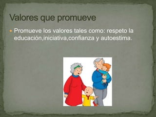 Promueve los valores tales como: respeto la educación,iniciativa,confianza y autoestima.Valores que promueve