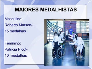 MAIORES MEDALHISTAS
Masculino:
Roberto Marson-
15 medalhas
Feminino:
Patricia Picot-
10 medalhas
 