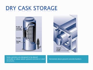 Some canisters are designed to be placed
vertically in robust above-ground concrete or steel
structures.
Horizontal above ground concrete bunkers
 