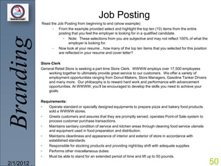 Job Posting
           Read the Job Posting from beginning to end (show example)
                – From the example provided select and highlight the top ten (10) items from the entire
                     posting that you feel the employer is looking for in a qualified candidate.
                       • Note: These selections from you are subjective and may not reflect 100% of what the
Branding
                           employer is looking for.
                – Now look at your resume…how many of the top ten items that you selected for this position
                     are reflected in your resume and cover letter?

           Store Clerk
           General Retail Store is seeking a part time Store Clerk. WWWW employs over 17,500 employees
               working together to ultimately provide great service to our customers. We offer a variety of
               employment opportunities ranging from Donut Makers, Store Managers, Gasoline Tanker Drivers
               and many more. Our philosophy is to reward hard work and performance with advancement
               opportunities. At WWWW, you’ll be encouraged to develop the skills you need to achieve your
               goals.

           Requirements:
           •   Operate standard or specially designed equipments to prepare pizza and bakery food products
               sold a WWWW stores.
           •   Greets customers and assures that they are promptly served; operates Point-of Sale system to
               process customer purchase transactions.
           •   Maintains sanitary condition of service and kitchen areas through cleaning food service utensils
               and equipment used in food preparation and distribution.
           •   Maintains cleanliness and appearance of interior and exterior of store in accordance with
               established standards.
           •   Responsible for stocking products and providing night/day shift with adequate supplies
           •   Performs other miscellaneous duties
           •   Must be able to stand for an extended period of time and lift up to 50 pounds.

2/1/2012                                                                                                          50
 