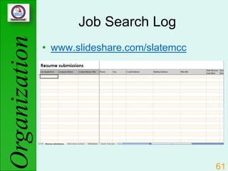 Organization          Job Search Log
               • www.slideshare.com/slatemcc




                                               61
 