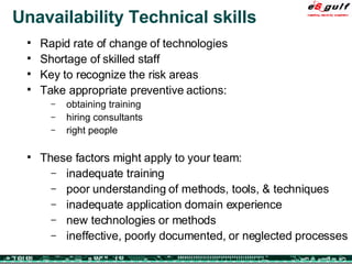 Unavailability Technical skills Rapid rate of change of technologies Shortage of skilled staff Key to recognize the risk areas Take appropriate preventive actions: obtaining training hiring consultants right people These factors might apply to your team: inadequate training  poor understanding of methods, tools, & techniques  inadequate application domain experience  new technologies or methods  ineffective, poorly documented, or neglected processes 