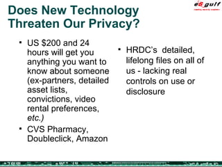 Does New Technology  Threaten Our Privacy? US $200 and 24 hours will get you anything you want to know about someone (ex-partners, detailed asset lists, convictions, video rental preferences,  etc.)   CVS Pharmacy, Doubleclick, Amazon  HRDC’s  detailed, lifelong files on all of us - lacking real controls on use or disclosure 