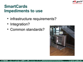 SmartCards Impediments to use infrastructure requirements? Integration? Common standards? 