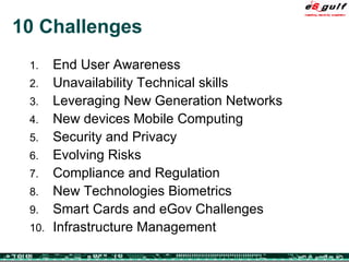 10 Challenges End User Awareness Unavailability Technical skills Leveraging New Generation Networks New devices Mobile Computing Security and Privacy Evolving Risks Compliance and Regulation New Technologies Biometrics Smart Cards and eGov Challenges Infrastructure Management 