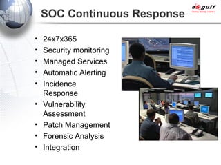 SOC Continuous Response 24x7x365  Security monitoring Managed Services Automatic Alerting Incidence Response Vulnerability Assessment Patch Management Forensic Analysis Integration 