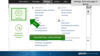 20
Click Add Data, under Settings
Settings, from any page in
Splunk
 