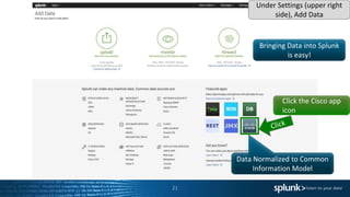 21
Bringing Data into Splunk
is easy!
Data Normalized to Common
Information Model
Under Settings (upper right
side), Add Data
Click the Cisco app
icon
 