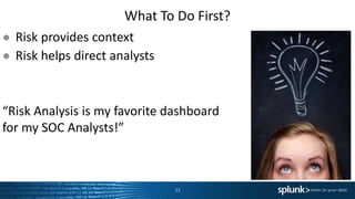 What To Do First?
33
● Risk provides context
● Risk helps direct analysts
“Risk Analysis is my favorite dashboard
for my SOC Analysts!”
 