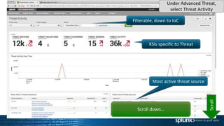 Filterable, down to IoC
KSIs specific to Threat
Most active threat source
Scroll down…
Scroll
Under Advanced Threat,
select Threat Activity
 