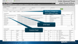 Artifact Categories –
click different tabs…
STIX feed
Custom feed
Under Advanced Threat,
select Threat Artifacts
 