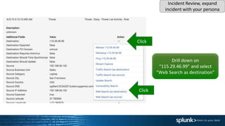 Drill down on
“115.29.46.99” and select
“Web Search as destination”
Click
Click
Incident Review, expand
incident with your persona
 