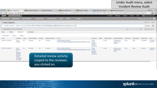 Detailed review activity
scoped to the reviewer
you clicked on.
Under Audit menu, select
Incident Review Audit
 