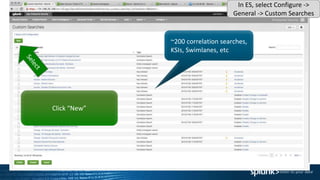 ~200 correlation searches,
KSIs, Swimlanes, etc
Click “New”
In ES, select Configure ->
General -> Custom Searches
 
