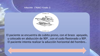 Aducción (Mala) Grado 2
El paciente se encuentra de cubito prono, con el brazo apoyado,
y colocado en abducción de 90º , con el codo flexionado a 90º.
El paciente intenta realizar la aducción horizontal del hombro..
 