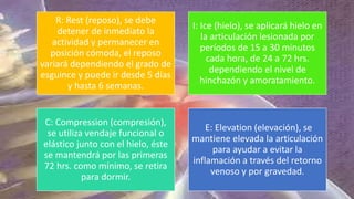 R: Rest (reposo), se debe
detener de inmediato la
actividad y permanecer en
posición cómoda, el reposo
variará dependiendo el grado de
esguince y puede ir desde 5 días
y hasta 6 semanas.
I: Ice (hielo), se aplicará hielo en
la articulación lesionada por
períodos de 15 a 30 minutos
cada hora, de 24 a 72 hrs.
dependiendo el nivel de
hinchazón y amoratamiento.
C: Compression (compresión),
se utiliza vendaje funcional o
elástico junto con el hielo, éste
se mantendrá por las primeras
72 hrs. como mínimo, se retira
para dormir.
E: Elevation (elevación), se
mantiene elevada la articulación
para ayudar a evitar la
inflamación a través del retorno
venoso y por gravedad.
 