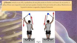 4) Elevación: sentado en una silla y ayudándonos de una polea puesta en el techo o en el marco de una puerta, se
utiliza el brazo sano (izquierdo en este caso) para ayudar a levantar el otro por encima de la cabeza. Mantenemos en
la posición máxima 10 segundos y bajamos lentamente
 