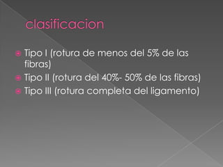 Tipo I (rotura de menos del 5% de las
fibras)
 Tipo II (rotura del 40%- 50% de las fibras)
 Tipo III (rotura completa del ligamento)


 