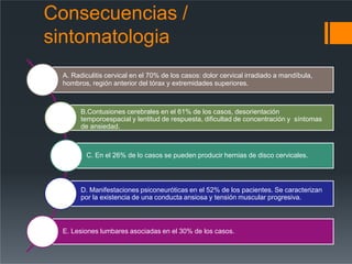 Consecuencias /
sintomatologia
A. Radiculitis cervical en el 70% de los casos: dolor cervical irradiado a mandíbula,
hombros, región anterior del tórax y extremidades superiores.
B.Contusiones cerebrales en el 61% de los casos, desorientación
temporoespacial y lentitud de respuesta, dificultad de concentración y síntomas
de ansiedad.
C. En el 26% de lo casos se pueden producir hernias de disco cervicales.
D. Manifestaciones psiconeuróticas en el 52% de los pacientes. Se caracterizan
por la existencia de una conducta ansiosa y tensión muscular progresiva.
E. Lesiones lumbares asociadas en el 30% de los casos.
 