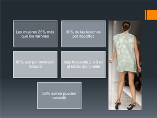 Las mujeres 25% más
que los varones
30% de las lesiones
por deportes
85% son por inversión
forzada
Mas frecuente 2 a 3 en
el tobillo dominante
50% sufren pueden
reincidir
 