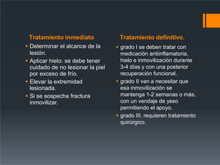Tratamiento inmediato
 Determinar el alcance de la
lesión.
 Aplicar hielo: se debe tener
cuidado de no lesionar la piel
por exceso de frío.
 Elevar la extremidad
lesionada.
 Si se sospecha fractura
inmovilizar.
Tratamiento definitivo.
 grado I se deben tratar con
medicación antiinflamatoria,
hielo e inmovilización durante
3-4 días y con una posterior
recuperación funcional.
 grado II van a necesitar que
esa inmovilización se
mantenga 1-2 semanas o más,
con un vendaje de yeso
permitiendo el apoyo.
 grado III, requieren tratamiento
quirúrgico.
 