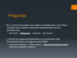 Preguntas
 Es un evento traumático que origina una distensión o una rotura
completa de los tejidos conectivos estabilizadores de las
articulaciones:
 A)luxación b)esguince c)fractura d)torcedura
 ¿Cuál de los siguientes ligamentos se ve lesionado más
frecuentemente en los esguinces de tobillo?
 A) peroneo calcáneo b)Tibio peroneo c)peroneo astragalino anterior
d)peroneo astragalino posterior
 