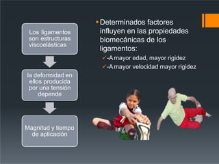 Determinados factores
influyen en las propiedades
biomecánicas de los
ligamentos:
-Amayor edad, mayor rigidez
-Amayor velocidad mayor rigidez
Los ligamentos
son estructuras
viscoelásticas
la deformidad en
ellos producida
por una tensión
depende
Magnitud y tiempo
de aplicación
 