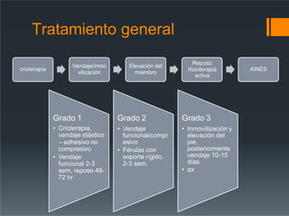 Tratamiento general
crioterapia
Vendaje/inmo
vilización
Elevación del
miembro
Reposo
/fisioterapia
activa
AINES
Grado 1
• Crioterapia,
vendaje elástico
– adhesivo no
compresivo
• Vendaje
funcional 2-3
sem, reposo 48-
72 hr
Grado 2
• Vendaje
funcional/compr
esivo
• Férulas con
soporte rígido.
2-3 sem.
Grado 3
• Inmovilización y
elevación del
pie,
posteriormente
vendaje 10-15
días
• qx
 