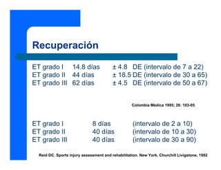 Recuperación

ET grado I 14.8 días                     ± 4.8 DE (intervalo de 7 a 22)
ET grado II 44 días                      ± 18.5 DE (intervalo de 30 a 65)
ET grado III 62 días                     ± 4.5 DE (intervalo de 50 a 67)


                                                   Colombia Médica 1995; 26: 103-05



ET grado I                    8 días                (intervalo de 2 a 10)
ET grado II                   40 días               (intervalo de 10 a 30)
ET grado III                  40 días               (intervalo de 30 a 90)

  Reid DC. Sports injury assessment and rehabilitation. New York, Churchill Livigstone, 1992
 
