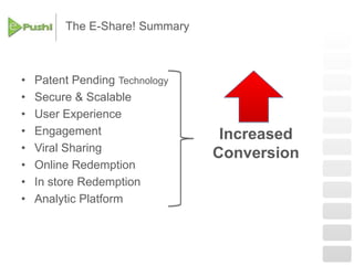 E-Share! C What the industry is sayingThe platform is a way to build a relationship with consumers and exchange value.-Response MagazinePut content into the hands of your advocates and let them do the marketing. Its a very different way of thinking about direct marketing.-Incentive[E-Share!] Technology allows a highly respected brand like BMW to align itself with what is essentially an interactive coupon.-Sales & Marketing       Management Magazine