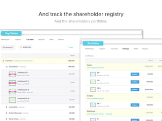 And track the shareholder registry
And the shareholders portfolios.
Cap Tables
Portfolios
 