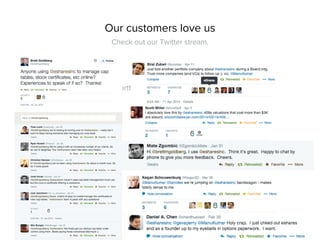 Our customers love us
Like Cap Table, Portfolio Management, Analytics, and Sharing.
Check out our Twitter stream.
 