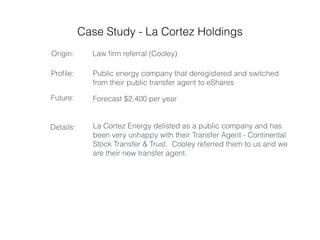 Case Study - La Cortez Holdings
Proﬁle:
Origin: Law ﬁrm referral (Cooley)
Public energy company that deregistered and swit...