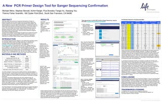 Michael Wenz, Stephan Berosik, Achim Karger, Pius Brzoska, Fangqi Hu, Xiaoqing You.
Thermo Fisher Scientific, 180 Oyster Point Blvd., South San Francisco, CA 94080
RESULTS
A New PCR Primer Design Tool for Sanger Sequencing Confirmation
Thermo Fisher Scientific • 5791 Van Allen Way • Carlsbad, CA 92008 • lifetechnologies.com
ABSTRACT
High data quality and accuracy are recognized characteristics of Sanger re-
sequencing projects and are primary reasons that next generation sequencing
projects compliment their results by capillary electrophoresis data validation. We
have developed an on-line tool called Primer Designer™ to streamline the NGS-to-
Sanger sequencing workflow by taking the laborious task of PCR primer design out
of the hands of the researcher by providing pre-designed assays for the human
exome. The primer design tool has been created to enable scientists using next
generation sequencing to quickly confirm variants discovered in their work by
providing the means to quickly search, order and receive suitable pre-designed
PCR primers for Sanger sequencing.
Using the Primer Designer™ tool to design M13-tailed and non-tailed PCR primers
for Sanger sequencing we will demonstrate validation of 28-variants across 24-
amplicons and 19-genes using the BDD, BDTv1.1 and BDTv3.1 sequencing
chemistries on the 3500xl Genetic Analyzer capillary electrophoresis platform.
INTRODUCTION
The Applied Biosystems® Primer Designer™ tool enables NGS scientists to quickly
and accurately validate variants by Sanger sequencing. An essential part of
successful Sanger sequencing is the quality of the design, synthesis and
purification of the gene specific PCR primers. By navigating to
www.lifetechnologies.com and entering the search terms “Sanger Primers” or
“Primer Designer™ Tool” researchers can now save valuable time by choosing
from a collection of >300,000 human exome amplicon targets and view their
associated primer pair sequences for free. The pre-designed primers for PCR and
Sanger sequencing can be ordered directly from Life Technologies with or without
M13 tails, HPLC or desalt-purification only. With the Primer Designer™ Tool it is
possible to confirm novel SNPs by complimentary Sanger sequencing within days.
MATERIALS AND METHODS
The Primer Designer™ Tool was used to identify primers for 192-gene targets or
amplicons from the “Top 60” genes covered in the Ion TargetSeq™ Exome Kit. Of
these 192-targets, 24-amplicon targets were selected for discussion here based on
28-SNPs variants found using NGS that could be subject to confirmation by Sanger
sequencing.
Four sets of 192-amplicon target primers each were ordered through Life
Technologies including M13-tailed/desalted, M13-tailed HPLC purification, non-
tailed/desalted and non-tailed/HPLC purified. The Primer Designer™ Tool primer
design is such that each primer pair, regardless of location within the human
exome, has a target Tm of 63°C +/- 3°C to support universal PCR conditions which
was used for all 192-amplicons. All data were generated on the Applied
Biosystems® 3500xl Genetic Analyzer and Veriti® thermal cycler.
The Primer Designer™ tool primers generated amplicons of no greater than 600-bp
using starting input such as target information (Gene, SNP ID, RefSeq, or FASTA
sequence), chromosome position, or a .vcf file from NGS. The following will
demonstrate how NGS SNP validation was achieved.
Materials PN
AmpliTaq Gold® 360 PCR Mix 4398881
BigDye® Direct PCR/Sequencing Kit 4458688
BigDye® Terminator v1.1 Sequencing Kit 4337451
BigDye® Terminator v3.1 Sequencing Kit 4337456
BigDye XTerminator® Purification Kit 4376484
UP DN/Rnase Free Water 10977-023
DNA Buffer (10mM Tris/0.1mM EDTA, pH 8.0) T0223
Primers ordered through the Life Technologies web site were delivered dried down at
ambient temperature and were re-suspended to a 100 µM working solution in a DNA re-
suspension buffer; primers were then pooled to an optimal concentration based upon
PCR needs; 2.4 µM each for common PCR reactions or 0.8 µM primer for BigDye®
Direct PCR. BigDye® Terminator v1.1, v3.1 and Direct sequencing chemistries were all
performed across a subset of the 192-designed primers and across all of the 24-
amplicon/28-SNP NGS confirmation targets.
The Primer
Designer™ search is
started by entering
either
specific target
information,
a chromosome region
of interest or by
pointing to a NGS .vcf
file.
A search of the
>300,000 PCR pre-
designed primer pairs
will return a list of
primer pair options to
choose from. By
clicking on the “View
Primer on Map” option
nearest to the primer
set of interest a map of
the target exome within
the gene of interest can
be displayed.
Click the “View
Details” option beneath
the primer pair of
interest to reveal
additional information
including the primer
chromosome location,
Gene, Cosmic, and
SNP detail related to
the designed PCR
primer set, view both
forward and reverse
primer sequences for
download or for
placement of an oligo
synthesis order.
Three step process to confirm NGS results by Sanger Sequencing using the
VR Toolkit ( ww.apps.lifetechnologies.com/vrtoolkit )
1)  Build a reference
sequence based on the
designed primers
2)  Run Variant Reporter®
Software locally and load
the reference file created
in step #1
3)  Use the “Variant
Confirmation” application
in the VR Tool kit.
Step 1:Input the Primer ID that
corresponds to the PCR primer
pair ID that was generated by
the Primer Designer™ Tool. A
reference file (.vrr) is generated
by the VR Toolkit that can be
imported by Variant Reporter®
Software.
Step 2: Use Variant Reporter
software to identifying SNPs
contained within the Sanger
sequencing data. The
reference file generated in step
#1 is used for analysis and
SNP identification.
The example shows data
generated by the Primer
Designer™ Tool for the XPC
gene; a control gDNA (bottom
two traces) does not produce
the SNP while the specimen of
interest does. The variant
report is exported from Variant
Reporter® for step #3 below.
Step 3: Generate a Variant
Confirmation Table by
selecting:
•  the NGS .vcf file,
•  reference file (step #1) and
•  Variant Reporter® result
(step #2)
and clicking on “Generate
Report” in the VR Toolkit. NGS
confirmation is indicated when
the NGS(.vcf) and VR (.txt)
results match.
Sanger sequencing results using BigDye® Direct and BigDye® Terminator sequencing
chemistries confirm 27/28-SNPs identified using NGS. In addition to the BigDye®
chemistries, each primer set was synthesized with and without M13-tails as well as with
standard desalting and HPLC purification methods where each version generated the
same Sanger sequencing result. Note that in some instances, high-lighted in orange, a
definitive sequencing answer is found in only one sequencing direction due to additional
sequence content such as homopolymers or heterozygous insertion/deletions obscuring
the sequencing results of the opposite strand.
In choosing the sequencing chemistry it is important to consider the proximity of the
SNP of interest to the PCR priming sites as the BigDye® Terminator v3.1 and POP-7™
combination may miss variants adjacent to the 5’-region due to a 25-30-bp
compression. Tailed PCR and the use of M13 fwd/rev sequencing primers affords
sequencing through the PCR specific priming region as the sequencing priming site is
M13 sequence specific; this is beneficial if a SNP of interest is near the 5’-gene specific
(PCR) priming region where there is a risk of missing the SNP if 5’-sequencing
resolution is sub-par for the first 5-10-bp. The BigDye® Direct PCR/Sequencing kit is
only compatible with M13-tailed PCR primers. The BigDye® Direct/POP-7™ and
BigDye® Terminator v1.1/POP-6™ chemistry and 3500xl Genetic Analyzer run module
combinations provide comparable 5’ sequencing resolution although the 3500xl
POP-6™ sequencing run module used to capture at least 600-bp is significantly longer
than the POP-7™ module.
CE Verification Results for 24-amplicons/28-SNPs
CONCLUSIONS
We demonstrated the successful use of the Primer Designer™ Tool and a next generation
sequencing data confirmation by Sanger sequencing analysis workflow using 24-genes
containing 28 SNPs. The Primer Designer™ Tool generated PCR primer designs for 192-
amplicon gene targets that performed well using universal PCR conditions as well as with
the BigDye® Terminator sequencing chemistries. In addition to the Primer-Designer™ Tool
a data analysis workflow for the comparison the NGS data to the Sanger sequencing
results using the VR Tool Kit was demonstrated. The combination of these free tools
enables efficient and effective confirmation of NGS variants.
TRADEMARKS/LICENSING
For Research Use Only. Not for use in diagnostic procedures.
AmpliTaq Gold is a registered trademark of Roche Molecular Systems, Inc.
The authors declare a conflict of interest.
BigDye Direct BigDye Terminator v1.1 BigDye Terminatorv3.1
CE Genotype CE Genotype CE Genotype
NGS/CE
Confirmed
NOTCH2 247286 A A/T A/T A/T A/T YES
PDE4DIP 247326 C C/T C/T C/T C/T YES
PDE4DIP 247326 G G/A G/A G/A G/A YES
EXT2 328600 T T/C T/C T/C T/C YES
CCND2 115094 C C/G C/G C/G C/G YES
ARID2 336029 T T/C T/C T/C T/C YES
ALK 192315 A A/T A/T A/T A/T YES
MSH6 359011 A A/G A/G A/G A/G YES
MSH6 359024 T C C C C YES
FN1 205929 C C/T C/T C/T C/T YES
BCR 362193 G G/A G/A-fwd G/A-fwd G/A-fwd YES
BCR 362194 C C/T C/T C/T C/T YES
BCR 362197 G G/A G/A G/A G/A YES
MN1 221970 A A/G A/A A/A A/A NO
CYP2D6 225801 G G>T G>T G>T G>T YES
CYP2D6 225801 G G>A G>A G>A G>A YES
CYP2D6 225801 T T>G T>G T>G T>G YES
CYP2D6 225801 G G>C G>C G>C G>C YES
FANCD2 363573 G G/T G/T G/T G/T YES
XPC 227180 G G/A G/A G/A G/A YES
FOXP1 235541 A A/T A/T A/T A/T YES
EPHB1 240070 G G/A G/A G/A G/A YES
FBXW7 254918 G G/A G/A G/A G/A YES
MTRR 257547 A A/G A/G-rev* A/G-rev* A/G-rev* YES
TNFAIP3 281646 C C/T C-f/indel-r C-f/indel-r C-f/indel-r YES
TNFAIP3 281648 A A/C A/C A/C A/C YES
SYNE1 282848 A A/G A/G A/G A/G YES
SYNE1 282961 T T/C T/C T/C T/C YES
Gene
Primer#/
Assay Reference
NGS
Genotype
 