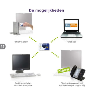 De mogelijkheden




      Ultra thin client                         Notebook

12




                                       nieuw


       Desktop met ultra                 Client geïntegreerd met
     thin client in monitor            VoIP telefoon (zie pagina 18)
 