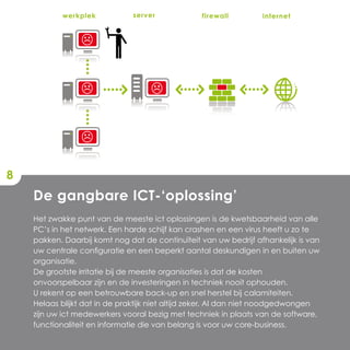 werkplek            server            firewall         internet




8
    De gangbare ICT-‘oplossing’
    Het zwakke punt van de meeste ict oplossingen is de kwetsbaarheid van alle
    PC’s in het netwerk. Een harde schijf kan crashen en een virus heeft u zo te
    pakken. Daarbij komt nog dat de continuïteit van uw bedrijf afhankelijk is van
    uw centrale configuratie en een beperkt aantal deskundigen in en buiten uw
    organisatie.
    De grootste irritatie bij de meeste organisaties is dat de kosten
    onvoorspelbaar zijn en de investeringen in techniek nooit ophouden.
    U rekent op een betrouwbare back-up en snel herstel bij calamiteiten.
    Helaas blijkt dat in de praktijk niet altijd zeker. Al dan niet noodgedwongen
    zijn uw ict medewerkers vooral bezig met techniek in plaats van de software,
    functionaliteit en informatie die van belang is voor uw core-business.
 